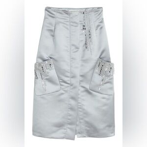 H&M Conscious Exclusive Clear Beads/Gems Silver Satin pencil Skirt